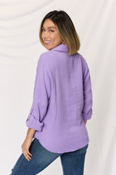 Zenana Women's Textured Button-Up Raw Hem Long Sleeve Cotton Shirt